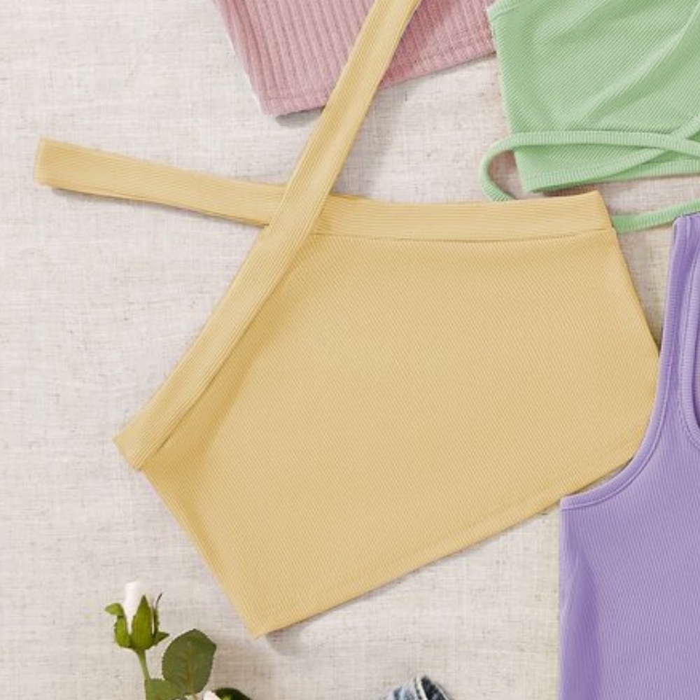 Yellow Ribbed Criss Cross Halter Neck Crop Top SHEIN large